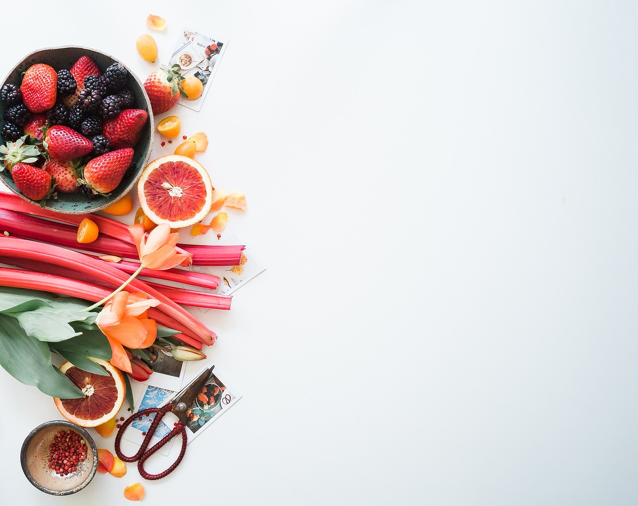 flat lay beautiful flowers food copy space dessert fruits orange strawberry crops flower wallpaper scissors table flower background white nature flowers petals