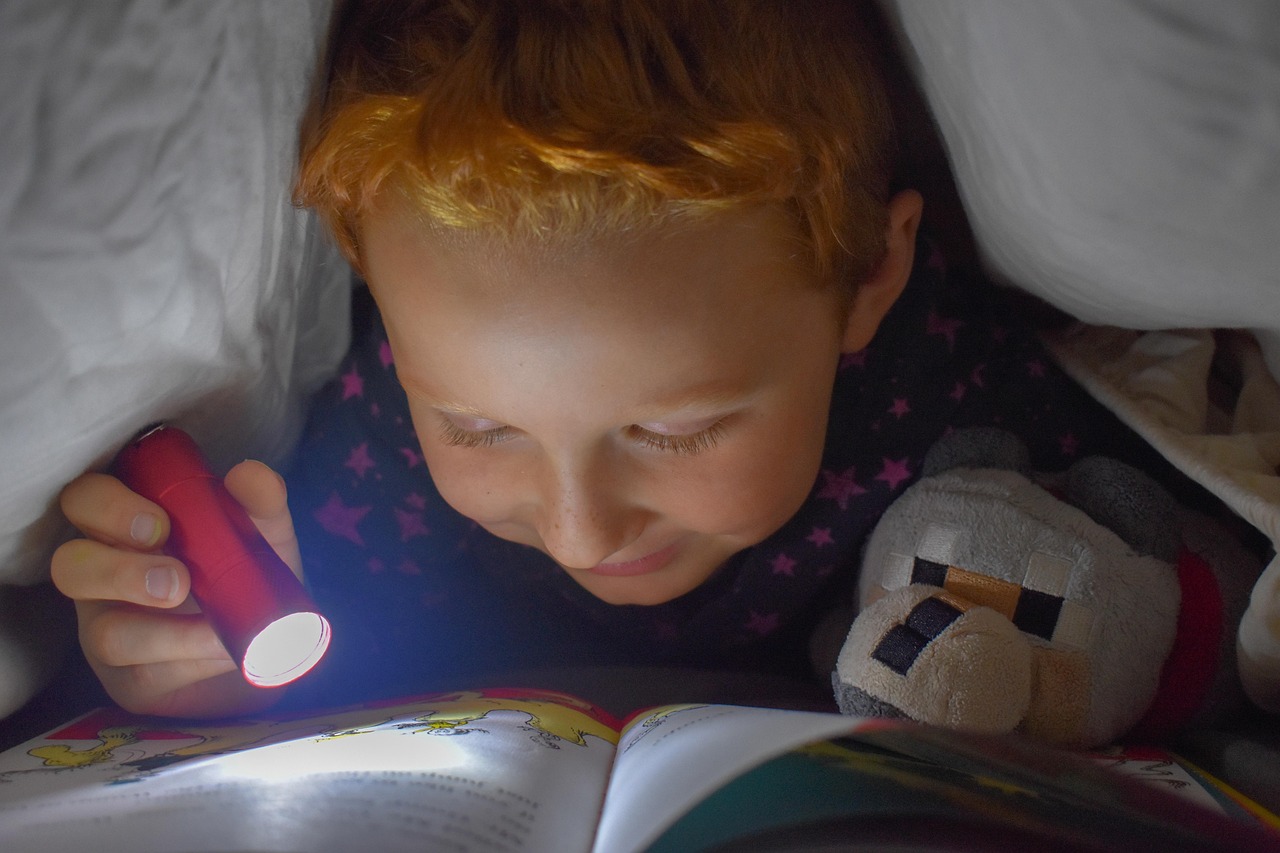 reading bed flashlight book read learn page blanket fort fun stuffed animal redhead red hair girl moment special staying up late sleeping smile secret reading reading reading reading reading flashlight flashlight read learn