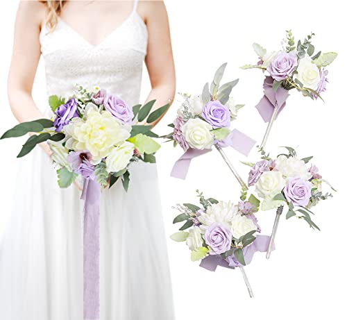 Aivanart Lavender Purple Artificial Flowers Bouquet Set of 4 Bridesmaid ...