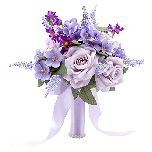 Floinla Lavender Purple Wedding Bouquets for Bride Bridesmaid Artificial Roses ...