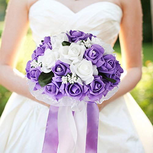 vLoveLife Wedding Bouquet for Bride, Artificial Purple Flower for Wedding, ...