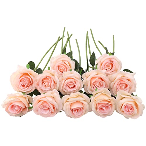 Decpro 12 PCS Artificial Roses Single Long Stem Silk Blossom ...