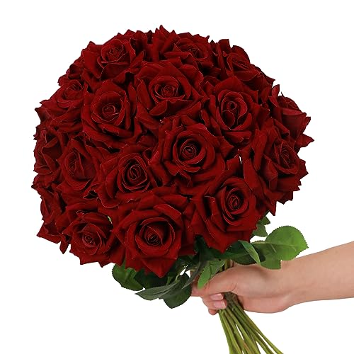 Floweroyal 12pcs Artificial Roses Velvet Flowers with Long Stem Fake ...