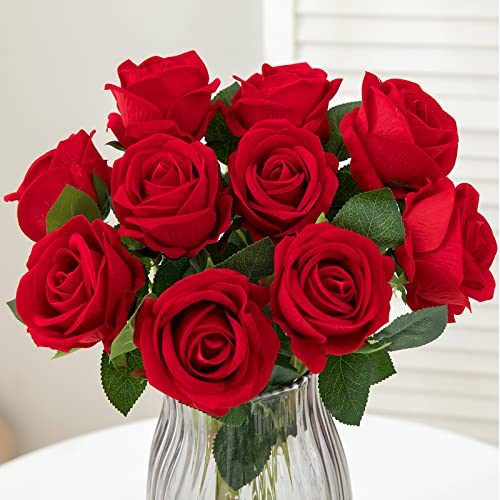 12PCS Artificial Roses Silk Flowers Fake Roses Bouquet Long Stem ...