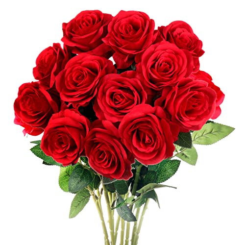 Mocoosy 12PCS Red Roses Artificial Silk Flowers, Fake Roses with ...