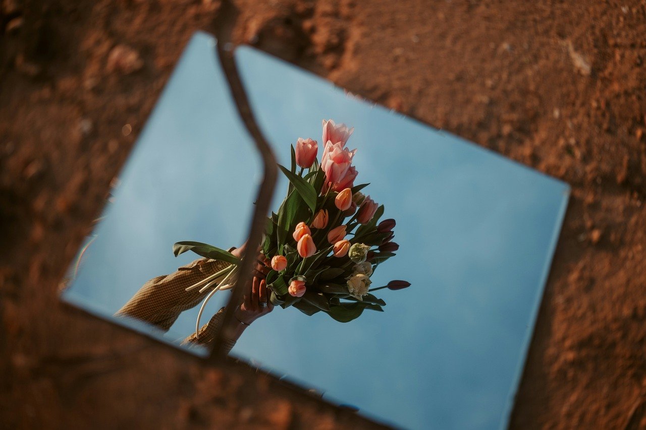 flowers mirror reflection reflected bloom spring flower wallpaper broken break morning poster nature banner beautiful flowers adobe landscape mood culture equinox flower background fantasy