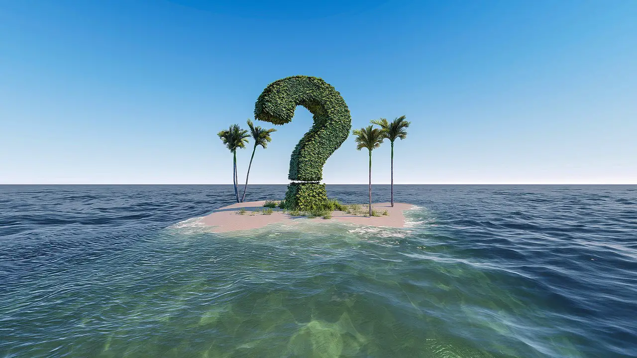 knowledge curiosity confusion ocean island nature question mark question problem information solution 3d render 3d mockup sea