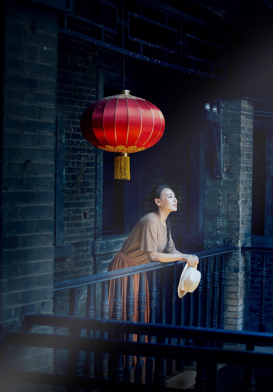 woman old buildings chinese element lantern balcony