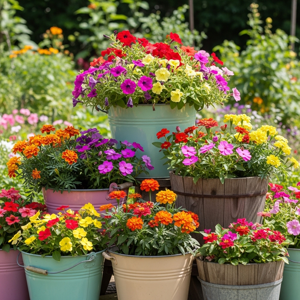 3. Flowering Bucket Planters