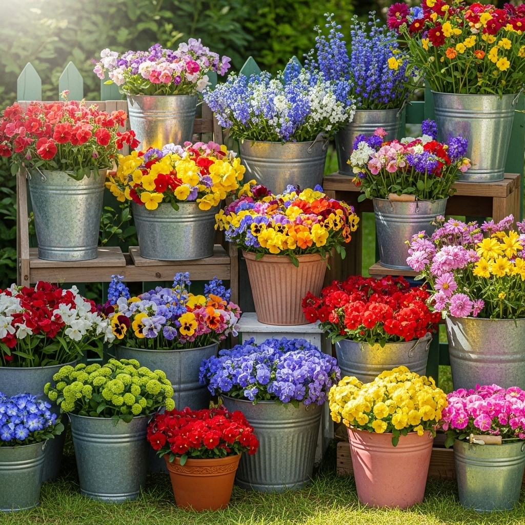 4. Colorful Flower Buckets