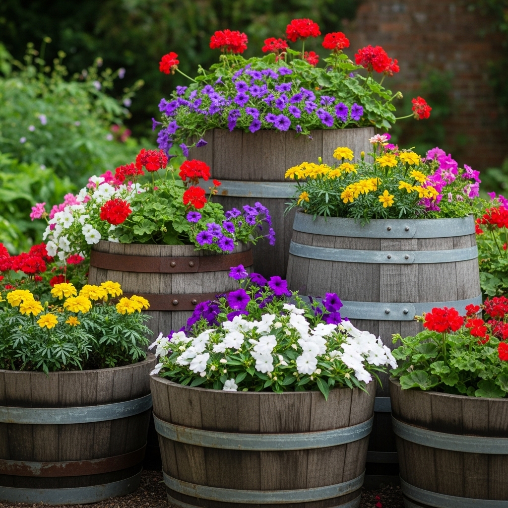 11. Colorful Rain Barrel Planters