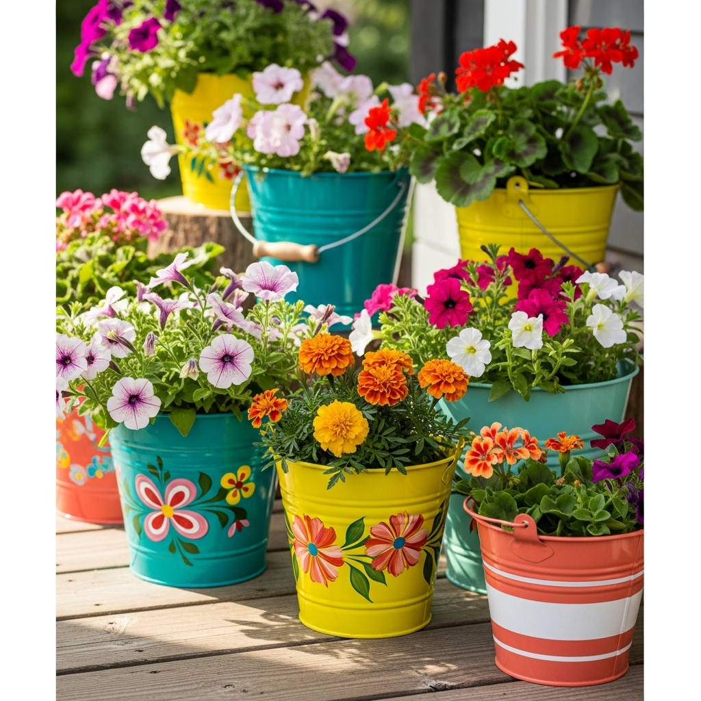 2. Colorful Flower Buckets