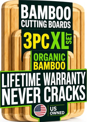INDESTRUCTIBLE Extra Large Bamboo Cutting Board Set of 3 with Vertical Grain Strength Technology - XL Wood Cutting Boards for Kitchen and Lightweight Chopping Board Set - Replacements for Life