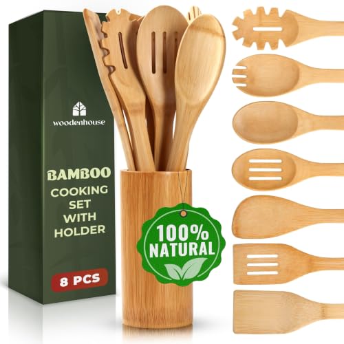 Bamboo Cooking Utensils Set 7 Pcs with Holder, Wooden Spoons for Nonstick