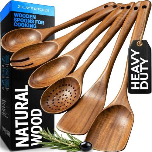Zulay Kitchen 6 Piece Wooden Spoons for Cooking – Natural Teak Wooden Utensil Set, Easy to Clean, Durable, Smooth with Comfort Grip - Non Toxic Wooden Cooking Utensil Sets