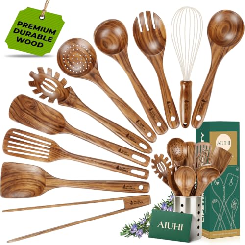 AIUHI 11-Piece Natural Teak Wood Kitchen Utensil Set with Holder, Wooden Spoons and Cooking Utensils for Nonstick Cookware, Includes Spatulas, Ladle and Whisk