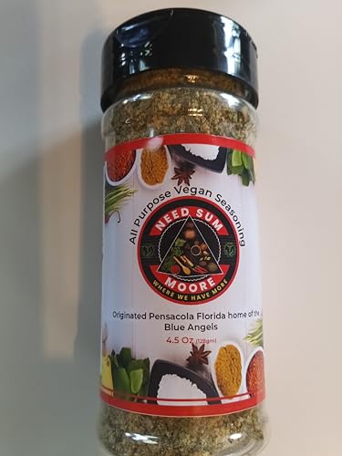 : Needsumoore - all purpose vegan seasoning, all natural plant base products, holistic supreme, 10 ingredients, balanced ingredients, flavorful balance, no GMO, used on all meats and vegtables as well as eggs, SuperFood, vegtarians, flexitarians and vegans, 5 inch tall, 2 inch wide.