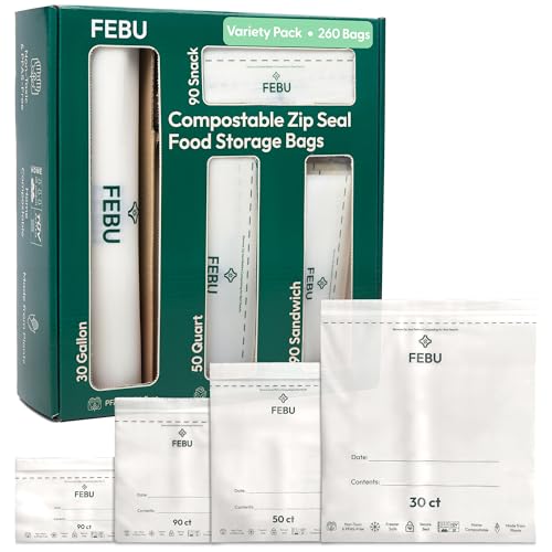 FEBU Compostable Food Storage Bags Variety Pack, 260 Count