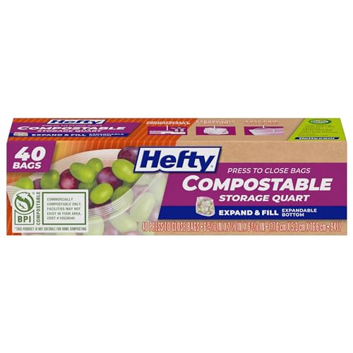 Hefty Compostable Press-To-Close​ Storage Bags, Quart Size, 40 Count