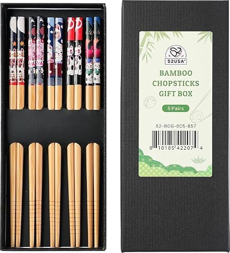 52USA Bamboo Chopsticks, Reusable with Case, Dishwasher Safe, 5 Pairs–Natural Wooden Chopsticks Gift Set for Sushi, Noodles, Ramen & Asian Cuisine, Classic Japanese Chop sticks Gift Box, 9 Inch/22.9cm