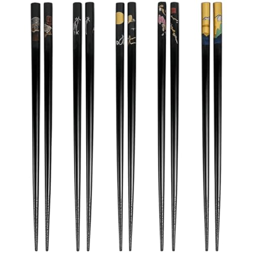 Bamboo Chopsticks Set, Japanese Reusable Wooden Chopsticks with Traditional Pattern Designs, Non Slip Tips Dishwasher Safe Asian Chopsticks for Sushi Ramen Noodles Rice Dining (1, Black)