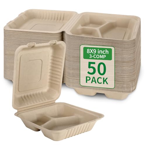 Aricsen Disposable 50 Pack 3 Compartment 8x9 Inch Take Out Food Containers