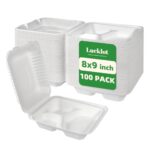 Lucklot 100 Pack 8×9 Inch 3-Compartment Compostable Bagasse Food
