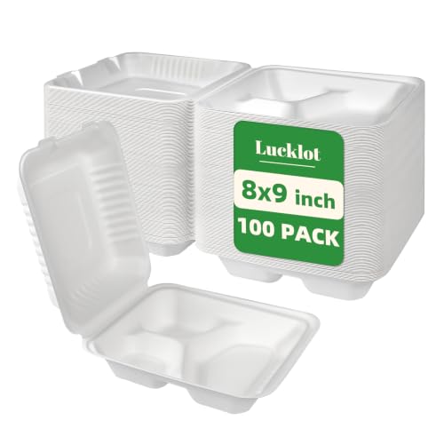 Lucklot 100 Pack 8×9 Inch 3-Compartment Compostable Bagasse Food Containers