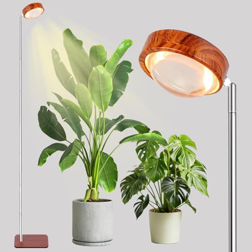 FECOLGT Grow Light for Indoor Plants, Full Spectrum Floor Plant Lamp with Convex Lens, Timer 6/12/18H, Faux Walnut Wood Grain, 12-57 inches Height Adjustable Desktop and Standing Growing Light
