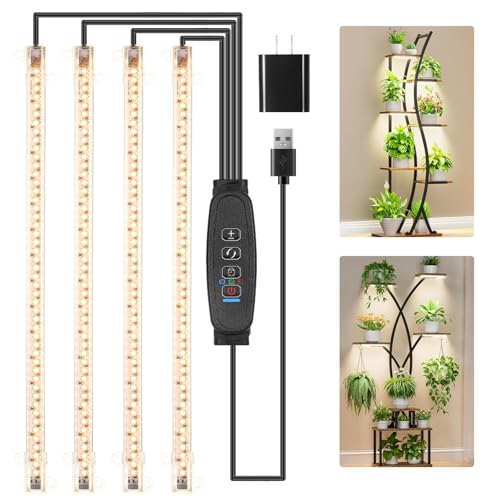 RWNTAO LED Plant Growing Lamp Strips, Full Spectrum 3500K Grow Light for Indoor Plants with 3/9/12H Timer and 10 Dimmable Levels for Green House Hydroponics Succulent, 4 Head 13 Inches