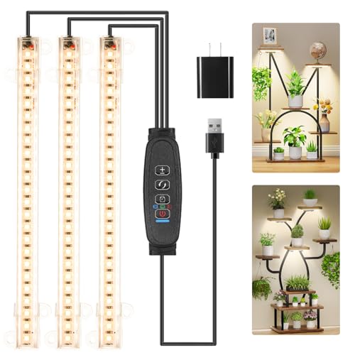 RWNTAO 3 Head 7.8 Inches LED Grow Light Strips, Grow Lamps for Indoor Plants Full Spectrum 3000K, 72 LEDs Plant Light Strips with 3/9/12H Timer, 10 Dimmable Levels for Seedling Succulent