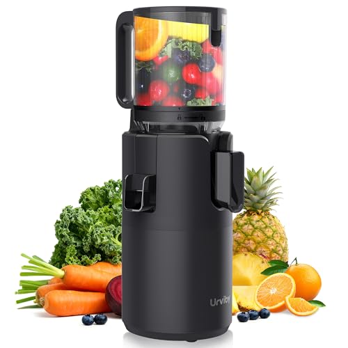 URVIBY Juicer Machines, Cold Press Juicer with Double Press Technology, Large Feed Chute, 400W Motor, High Juice Yield, Easy to Clean, Masticating Juicer for Whole Vegetables & Fruits, Dark Black