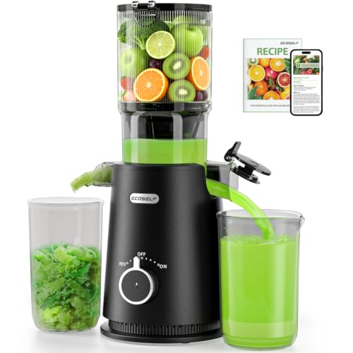 ECOSELF Cold Press Juicer - Wide Mouth Feed Chute For Fruits & Vegetables & Leafy Greens - Juice Extractor Machine With Self Feeding & Hands-Free Design - Juicer Machines Easy to Clean（With Brush）