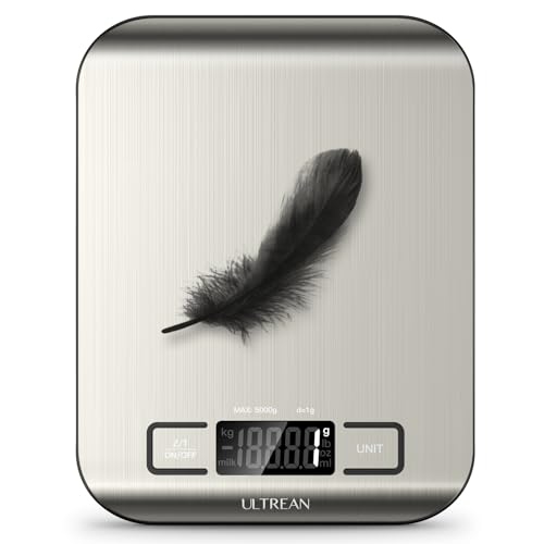 Ultrean Food Scale, Digital Kitchen Scale with LCD Display, Weight Grams and Ounces for Baking Cooking and Meal Prep, 6 Units with Tare Function, 304 Stainless Steel, 11lb (Batteries Included)