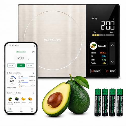 WARMKEY Smart Nutrition Food Scale with TFT Display & App, Calorie Counter & Nutrition Calculator, Tracks Protein, Carbs & Fat, 50 Built-in Foods, 24 Nutrients, 1g Digital Kitchen Scale for Meal Prep