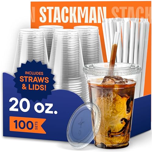 Stack Man Clear Plastic Cups with Lids and Straws - 20 oz - 100 Pack