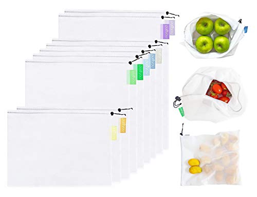 purifyou Set of 9 Reusable Produce Bags – Heavy Duty Washable Mesh Grocery Bags with Drawstring, Ideal for Farmers Market, Beach Storage, Refrigerator Use (Extra Large, Large, Small)