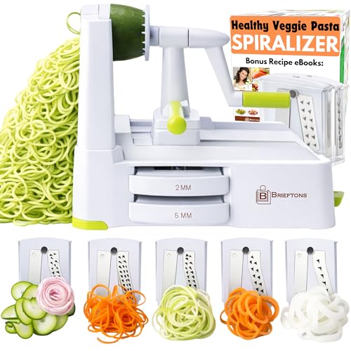 Brieftons 5-Blade Vegetable Spiralizer & Veggie Noodle Maker: Japanese 420-Grade Steel Blades for Zucchini Pasta, Sweet Potato & Beet Noodles, Strong Suction Pad, 4 Recipe eBooks | Keto Vegan Paleo