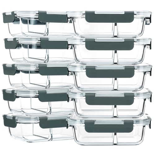 M MCIRCO 10 Pack,30 oz, 2 Compartments Glass Meal Prep Containers with Lids
