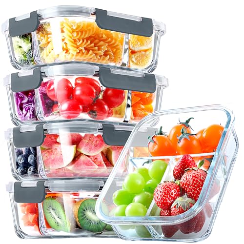 VERONES 5 PACK 36 OZ Glass Food Storage Containers 3 Compartment Set, Grey