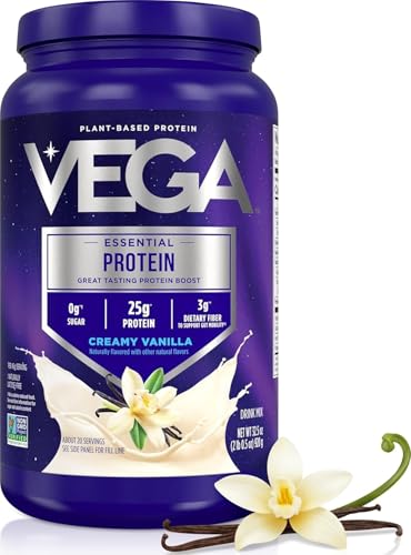 Vega Essential Protein – 25g Vegan Protein Powder, Creamy Vanilla, Dairy-Free Vanilla Shake – Large Tub, 32.5oz (20 Servings)