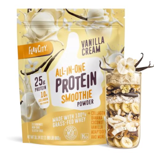FlavCity Vanilla All in One Protein Shake Powder - On the Go Meal Alternative + Collagen Peptides, Reishi & Cordyceps - Focus, Skin, Hair & Joint Support - 100% Grass Fed Whey, 20 Servings