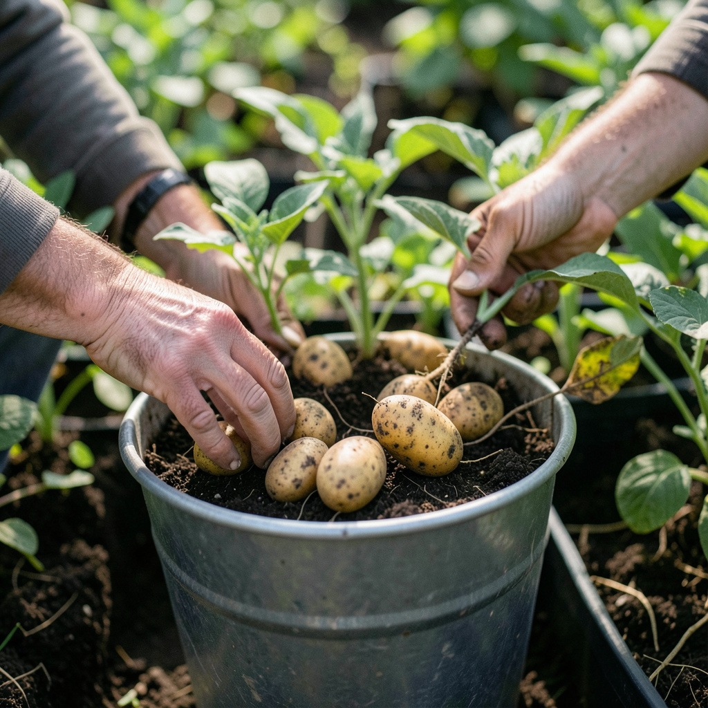 planting potatoes in a bucket