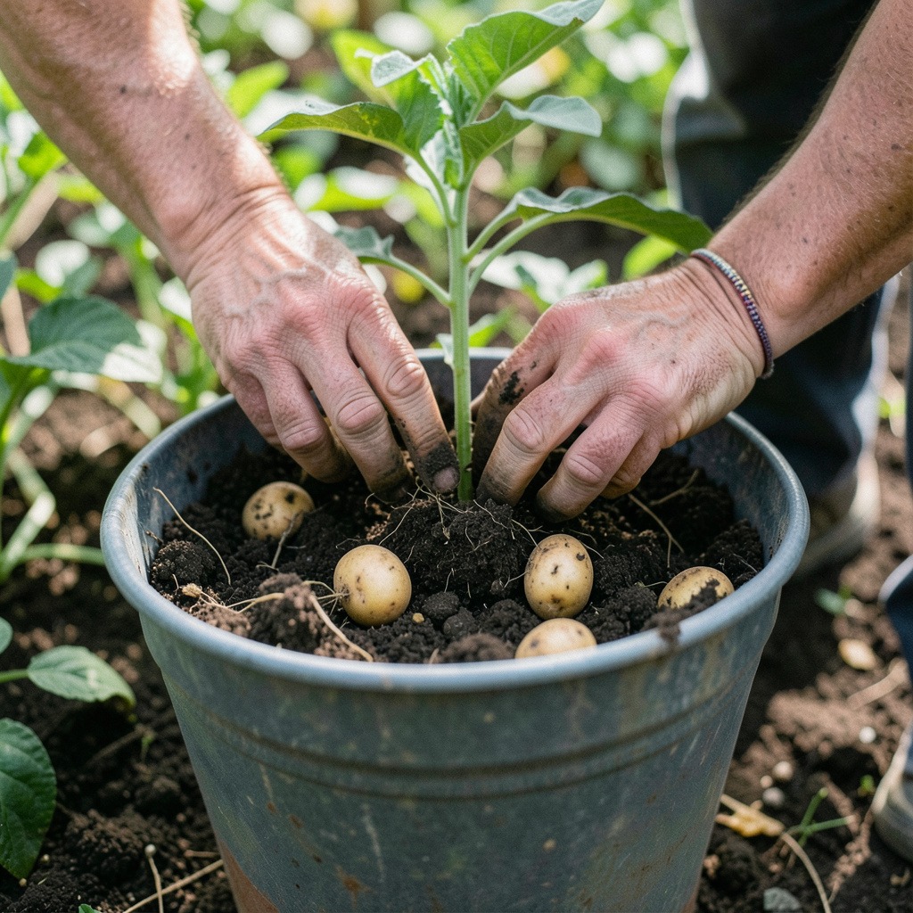 planting potatoes in a bucket
